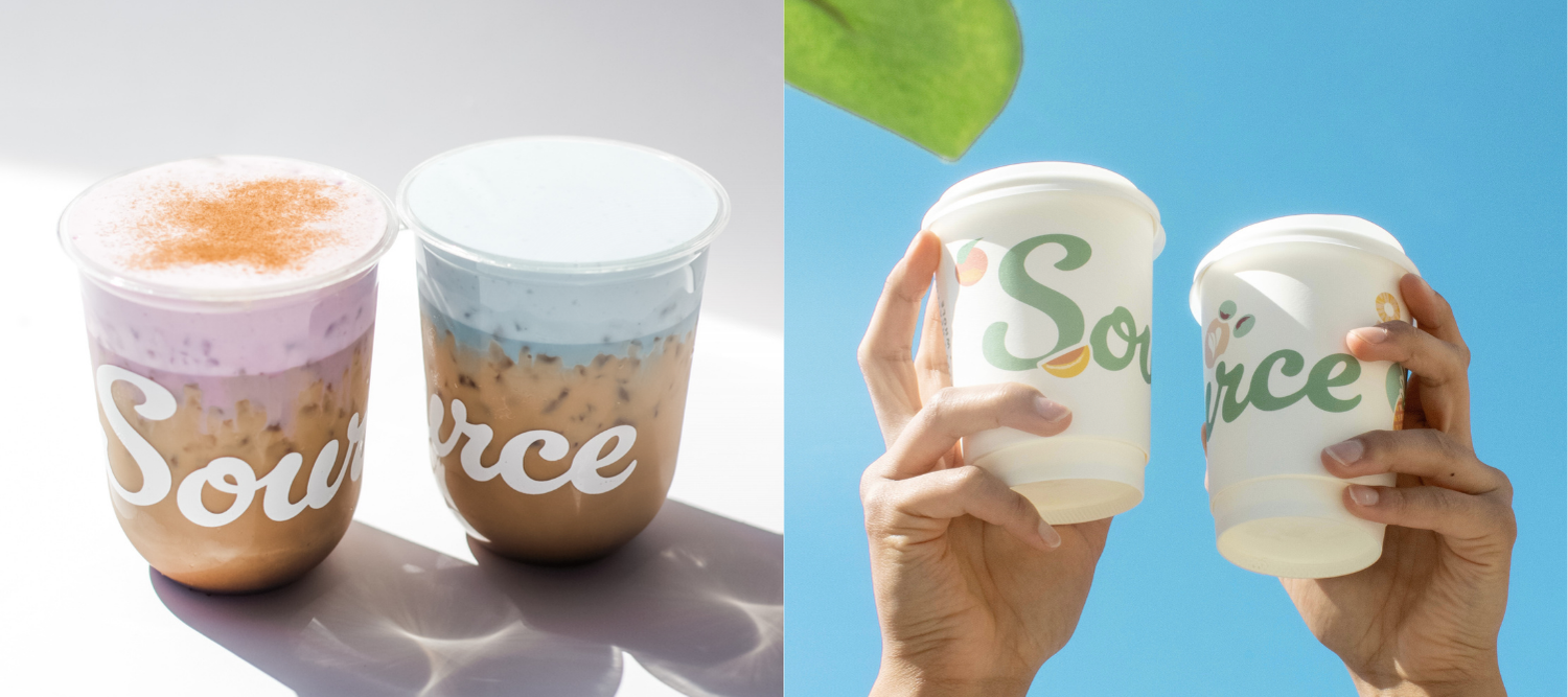 two iced lattes on the left side with purple and blue cold foam next to a person holding two hot latte cups in the air against a sky blue background
