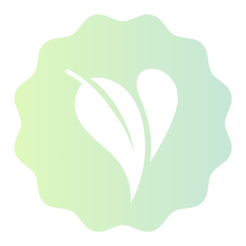 white leaf logo on a blue and green gradient background in the shape of a scalloped circle