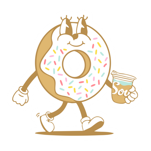 hand-drawn sprinkle donut character with eyes and arms walking down the road holding an iced latte