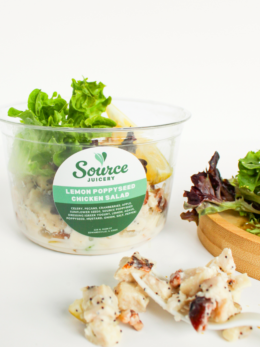 lemon poppyseed chicken salad against a white backdrop